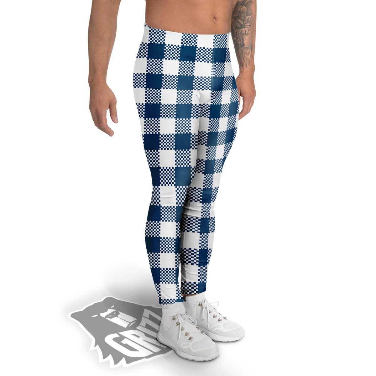 Buffalo Check White And Blue Print Men's Leggings-grizzshop