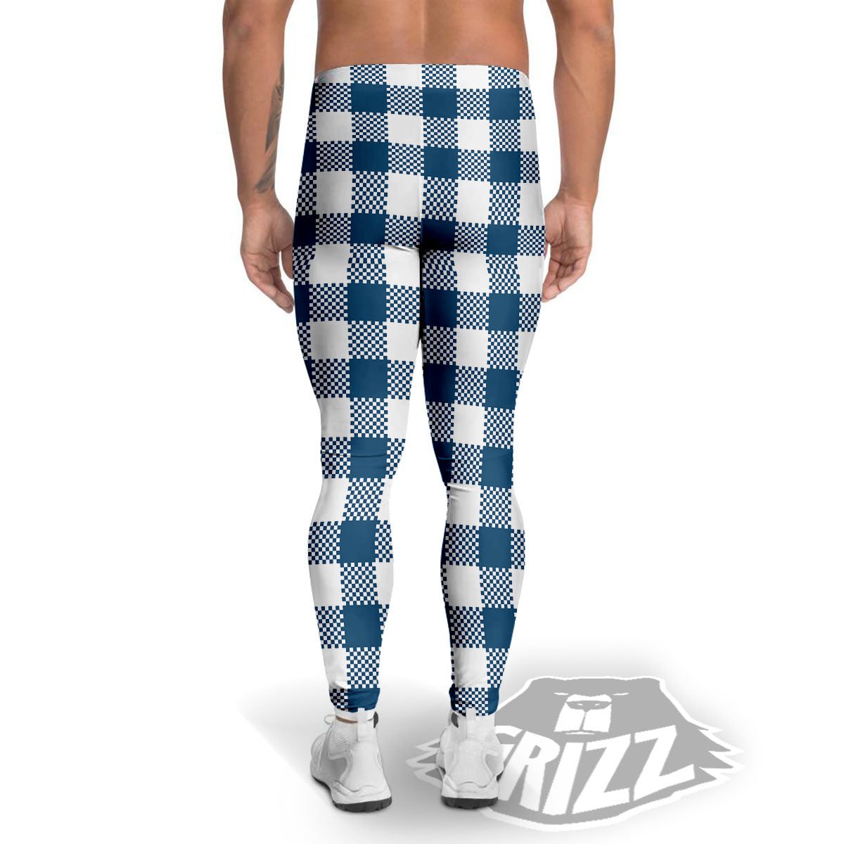 Buffalo Check White And Blue Print Men's Leggings-grizzshop