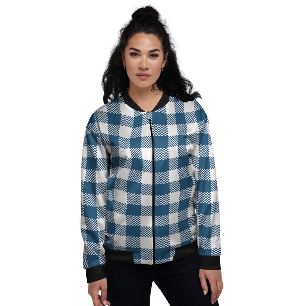 Buffalo Check White And Blue Print Women's Bomber Jacket-grizzshop