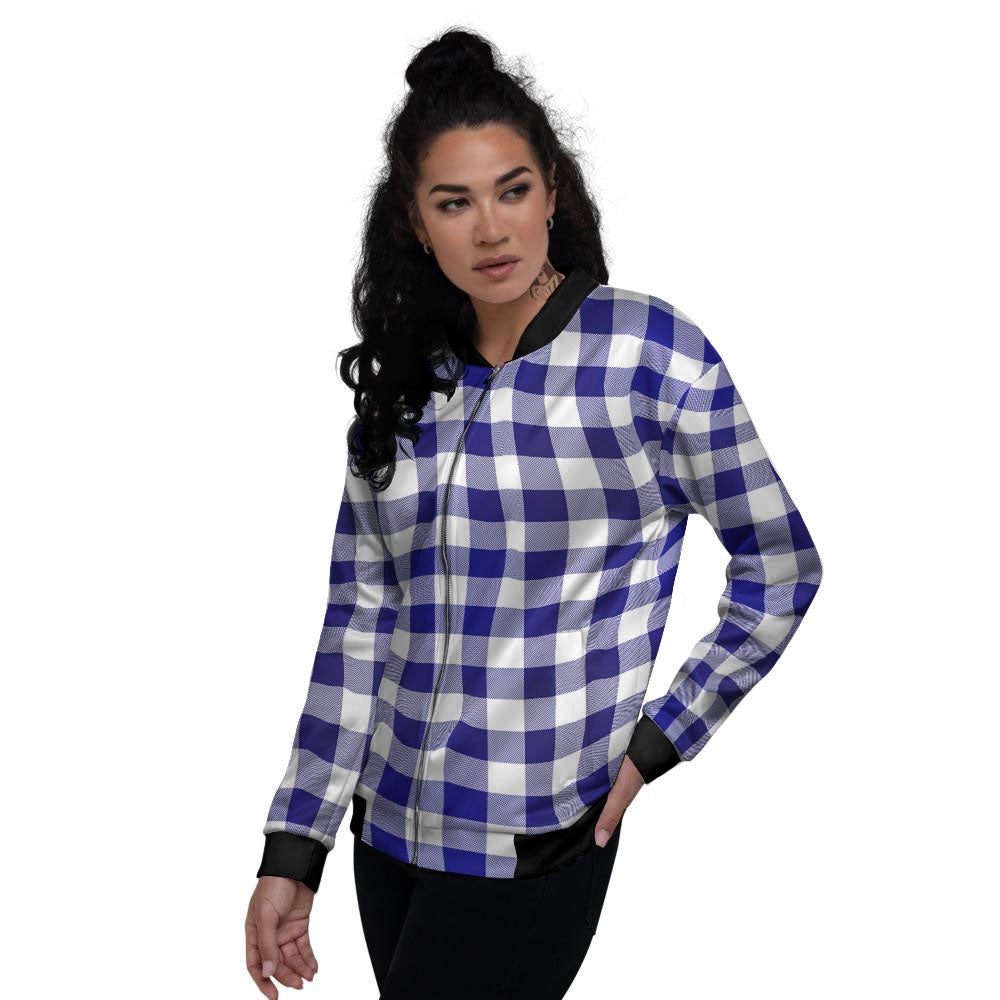Buffalo Check White And Navy Print Women's Bomber Jacket-grizzshop