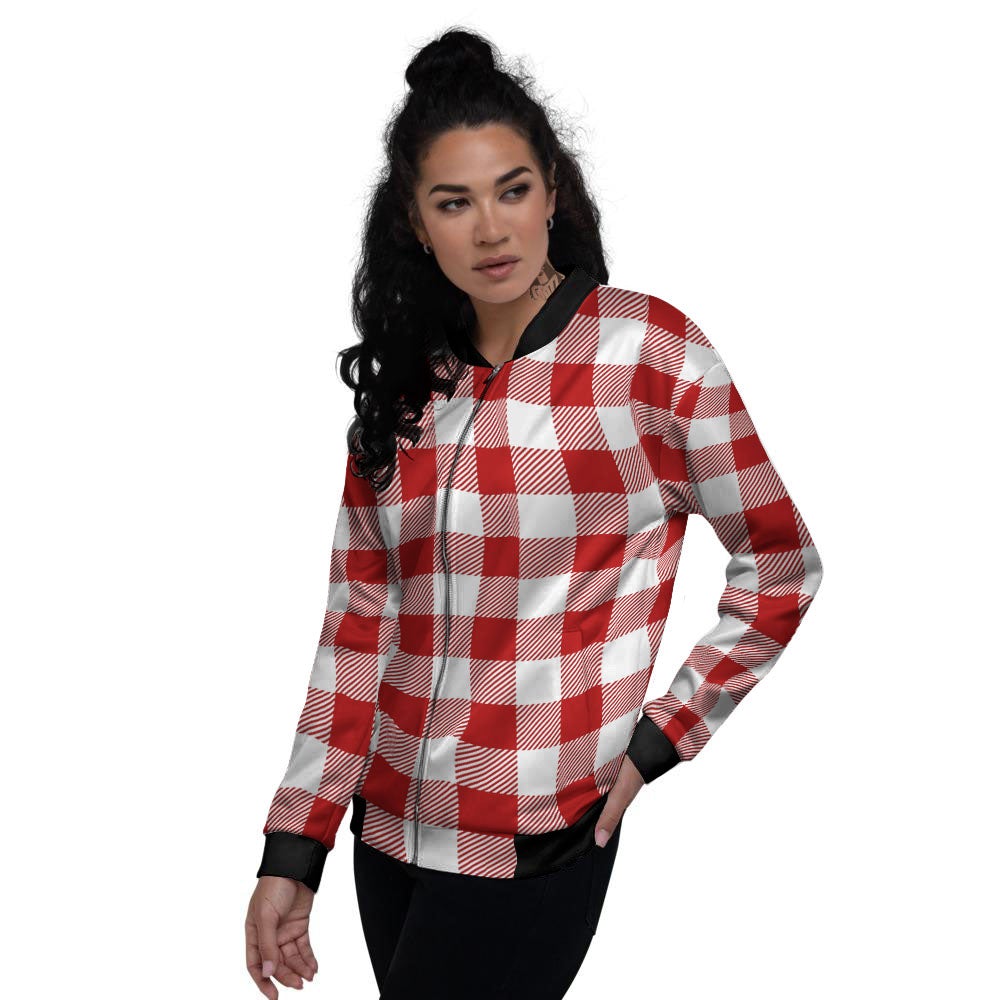 Buffalo Check White And Red Print Women's Bomber Jacket-grizzshop
