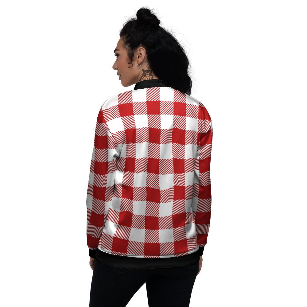 Buffalo Check White And Red Print Women's Bomber Jacket-grizzshop