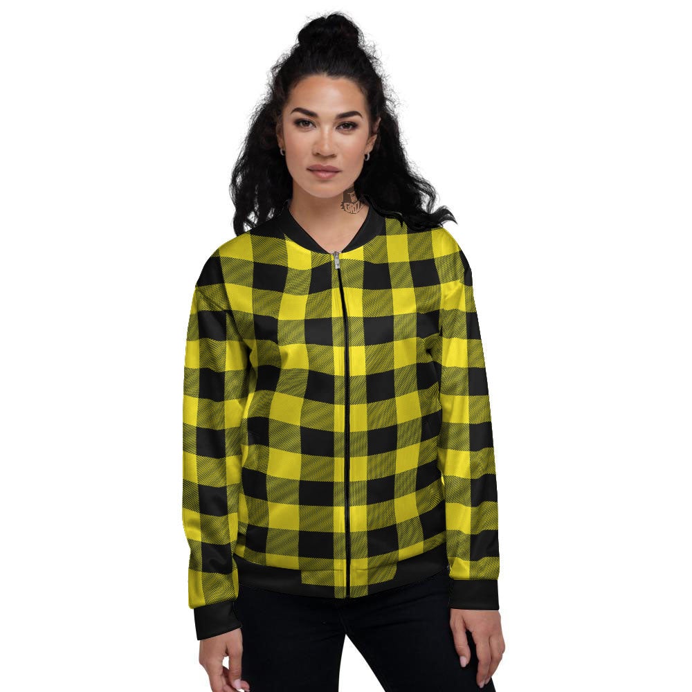 Buffalo Check Yellow And Black Print Pattern Women's Bomber Jacket-grizzshop