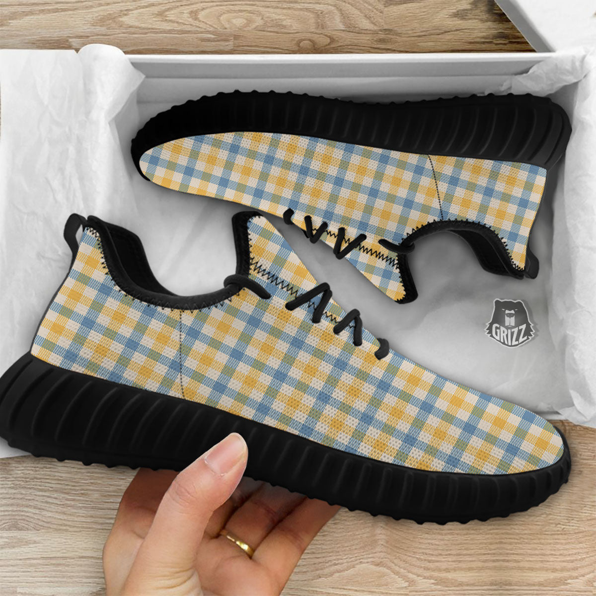 Buffalo Check Yellow And Blue Print Black Walking Shoes-grizzshop