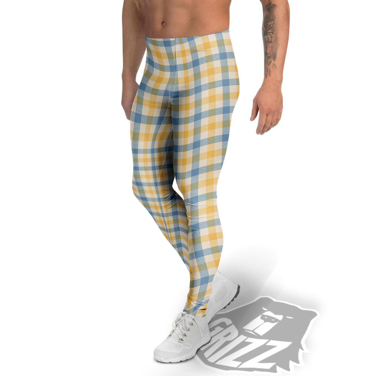 Buffalo Check Yellow And Blue Print Men's Leggings-grizzshop
