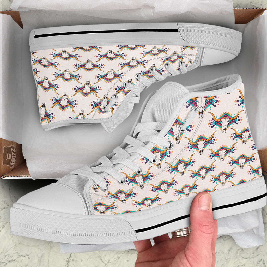 Buffalo Native Print Pattern White High Top Shoes-grizzshop