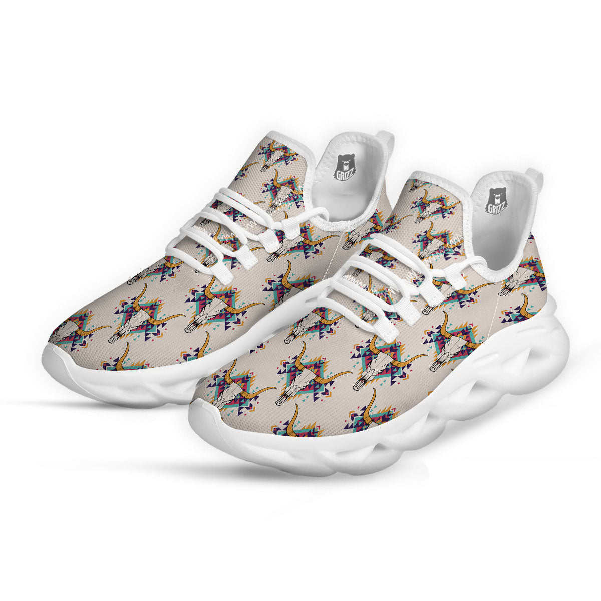 Buffalo Native Print Pattern White Running Shoes-grizzshop