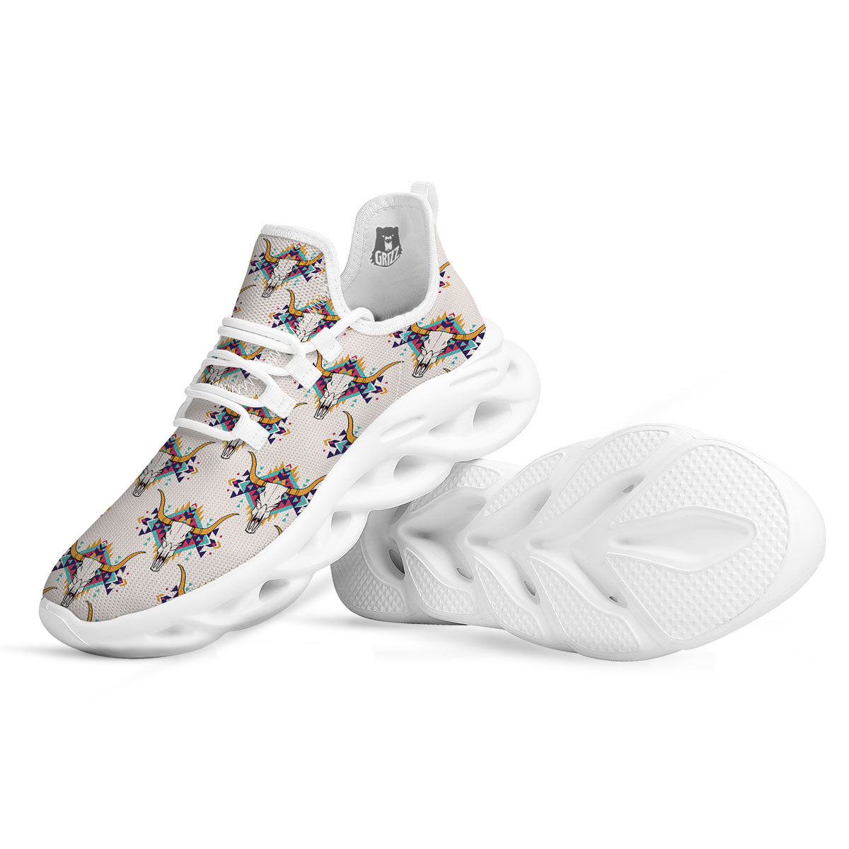 Buffalo Native Print Pattern White Running Shoes-grizzshop