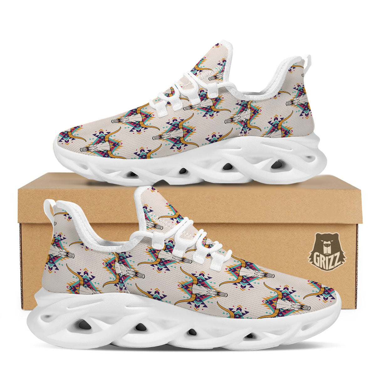 Buffalo Native Print Pattern White Running Shoes-grizzshop