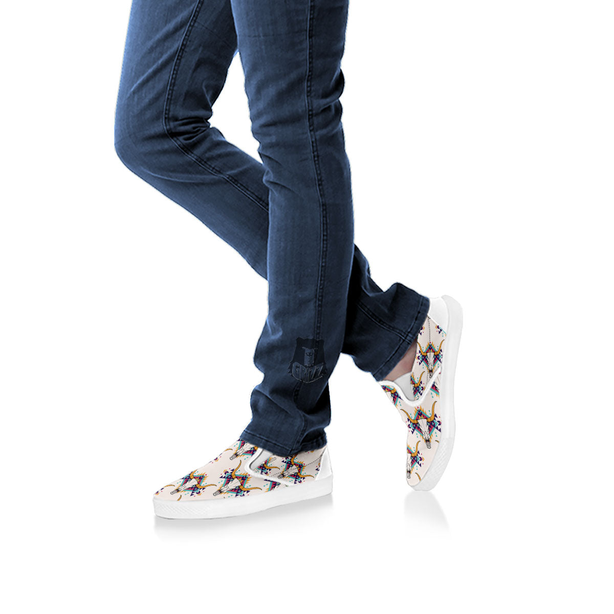 Buffalo Native Print Pattern White Slip On Shoes-grizzshop