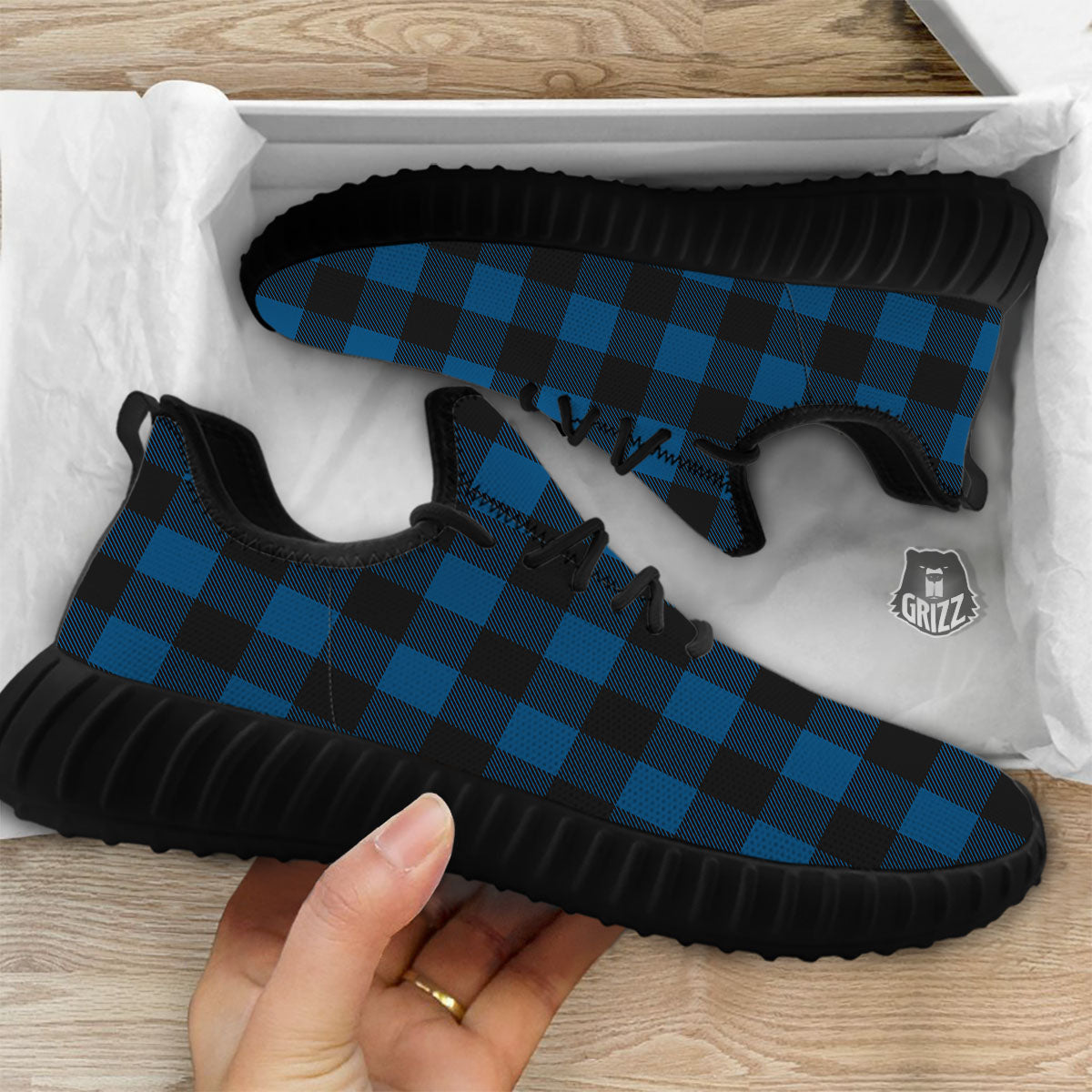 Buffalo Plaid Black And Blue Print Black Walking Shoes-grizzshop