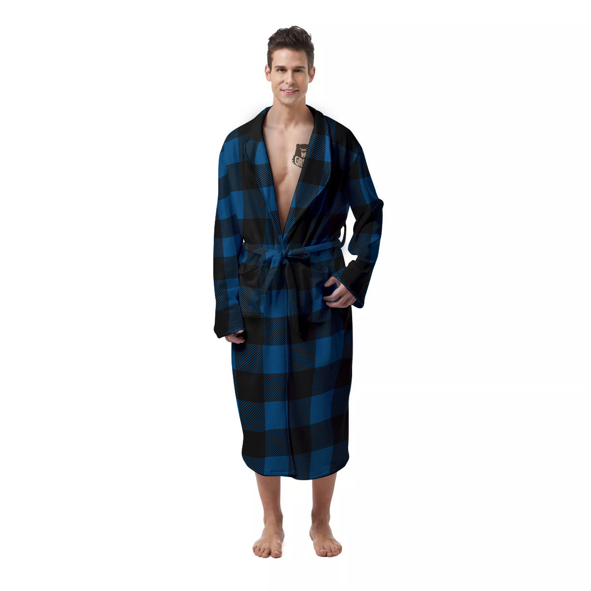 Buffalo Plaid Black And Blue Print Men's Robe-grizzshop