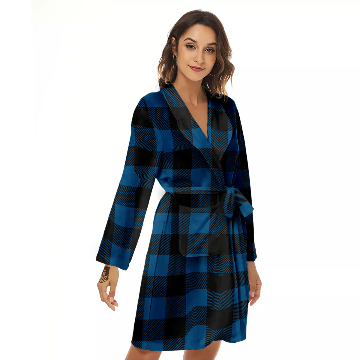 Buffalo Plaid Black And Blue Print Women's Robe-grizzshop