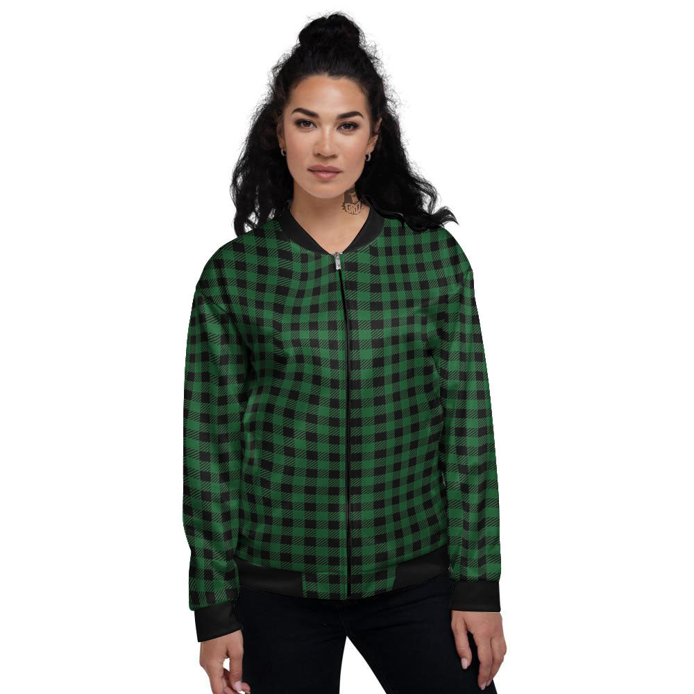 Buffalo Plaid Black And Green Print Women's Bomber Jacket-grizzshop