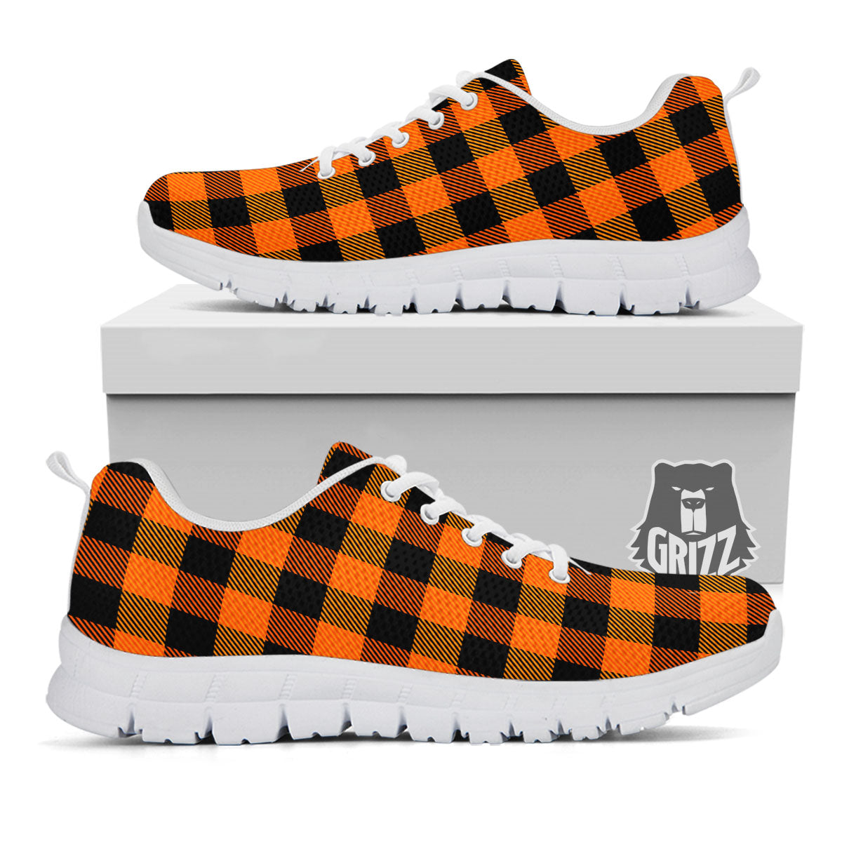 Buffalo Plaid Black And Orange Print White Sneaker-grizzshop