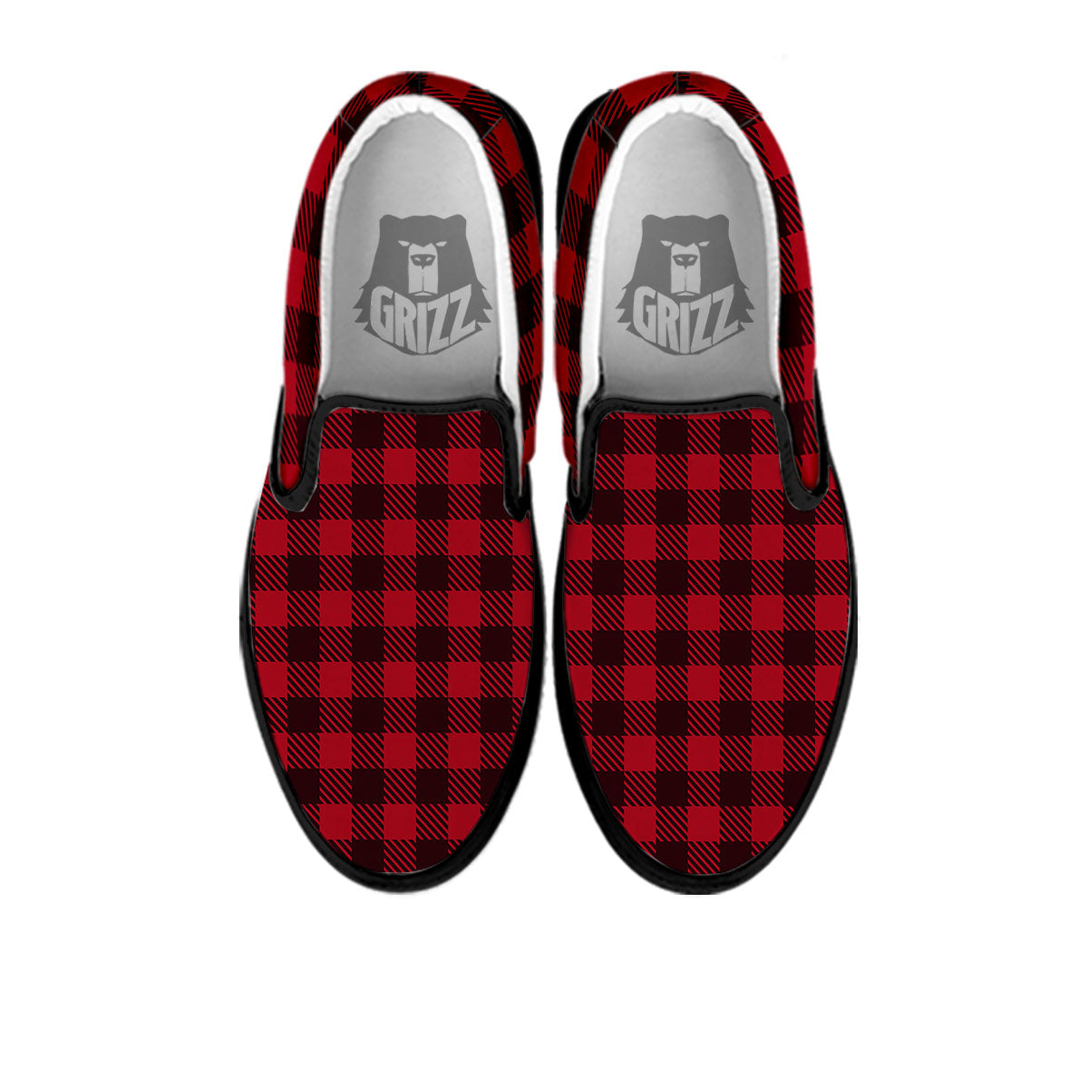 Buffalo Plaid Black And Red Print Black Slip On Shoes-grizzshop