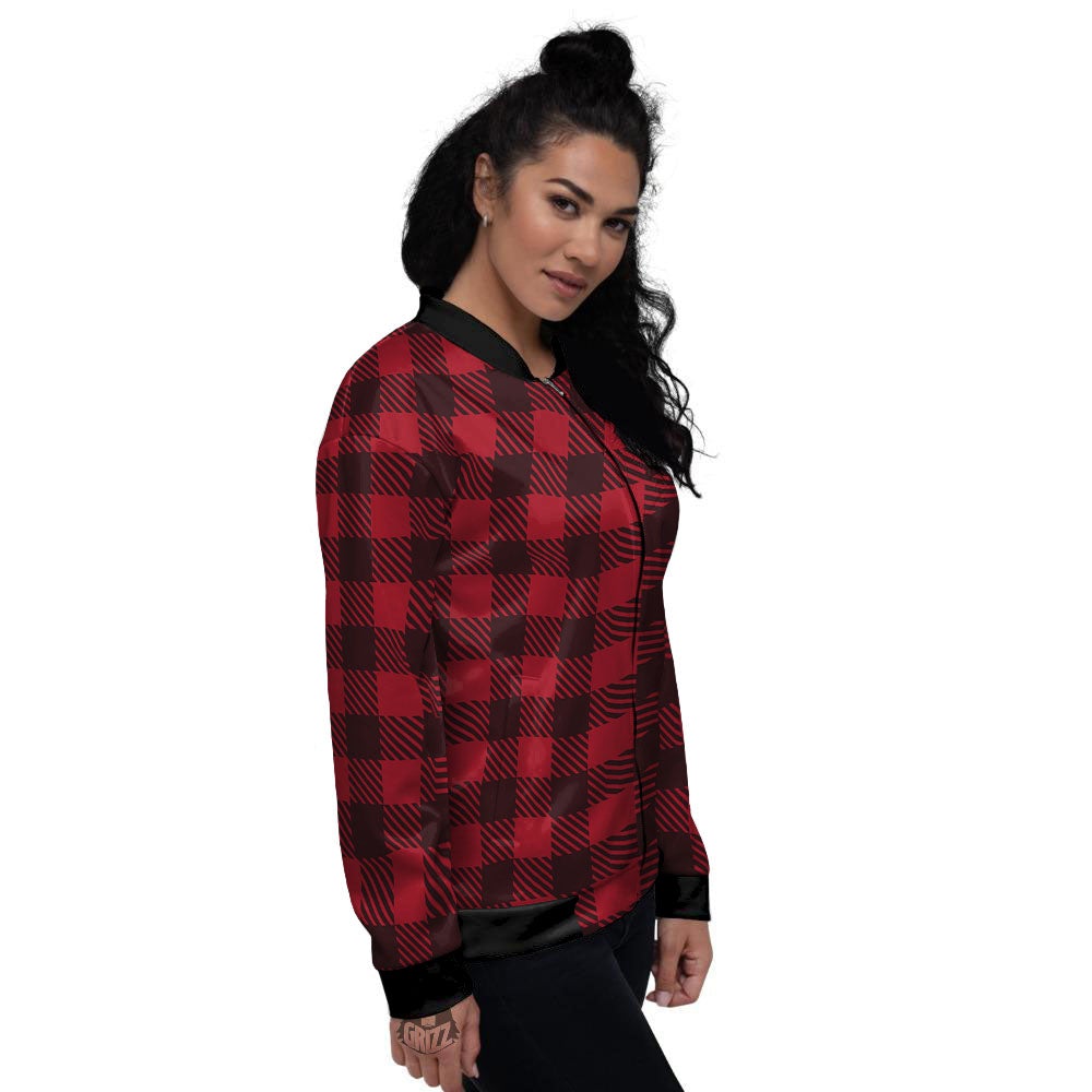 Buffalo Plaid Black And Red Print Women's Bomber Jacket-grizzshop