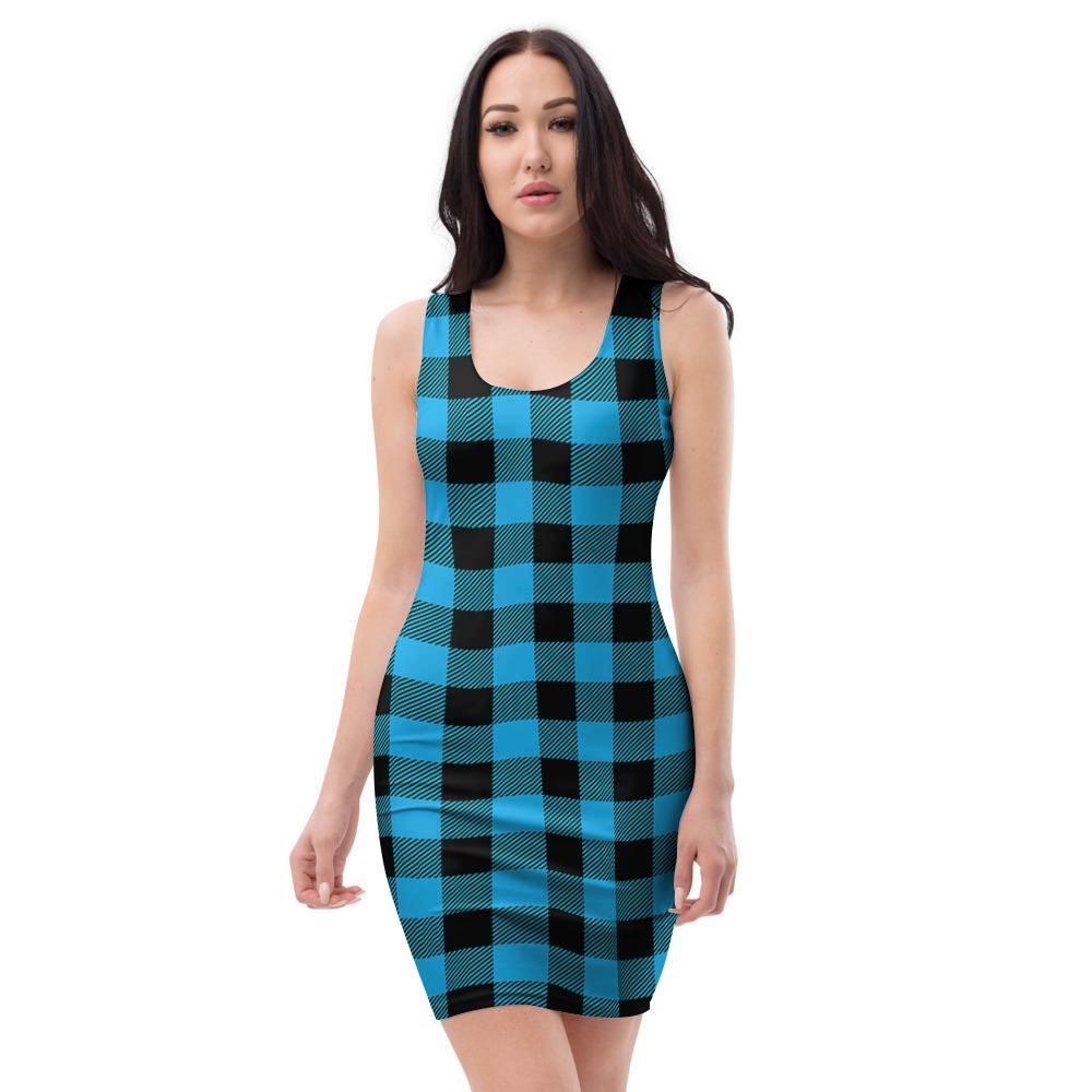 Buffalo Plaid Blue Print Bodycon Dress-grizzshop