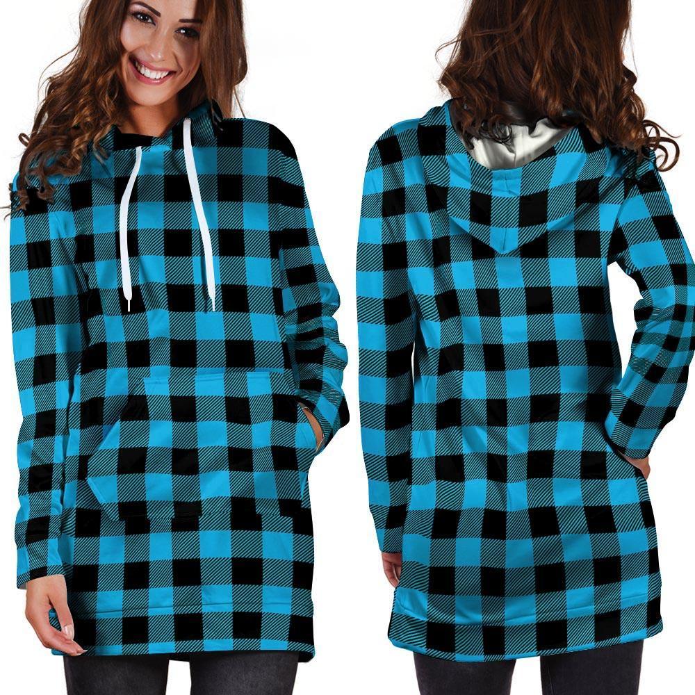 Buffalo Plaid Blue Print Hoodie Dress-grizzshop