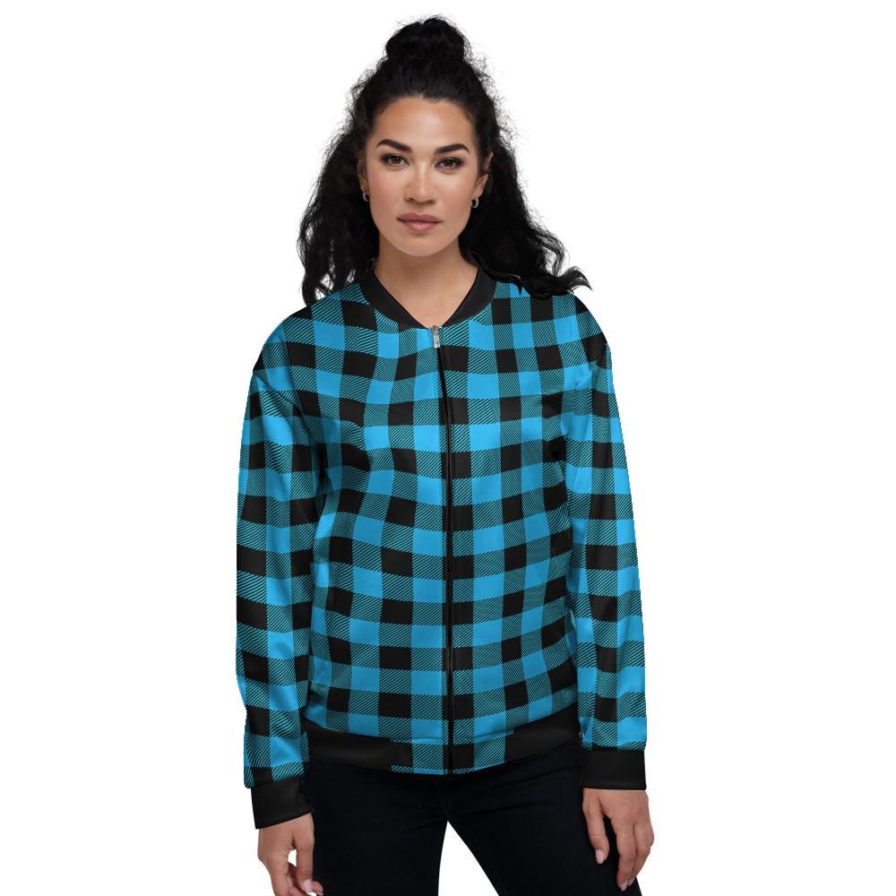Buffalo Plaid Blue Print Women's Bomber Jacket-grizzshop