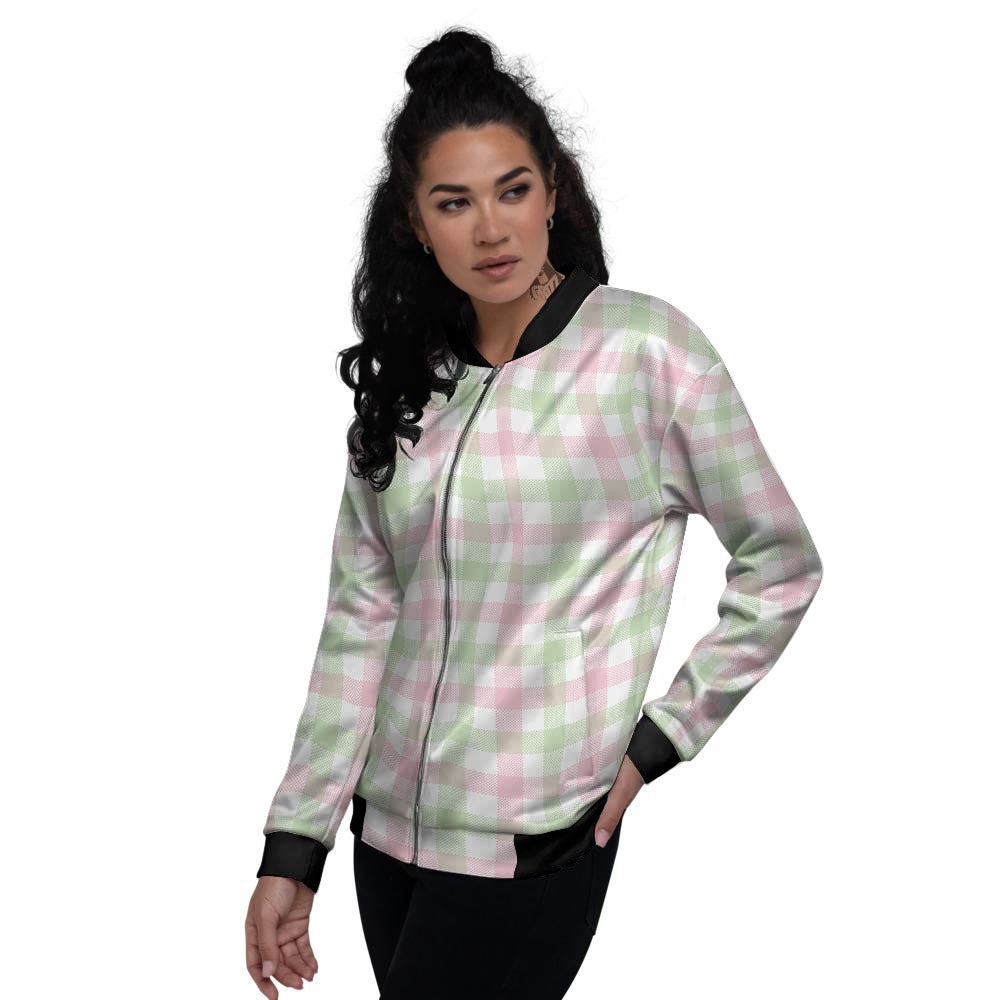 Buffalo Plaid Green And Pink Print Women's Bomber Jacket-grizzshop