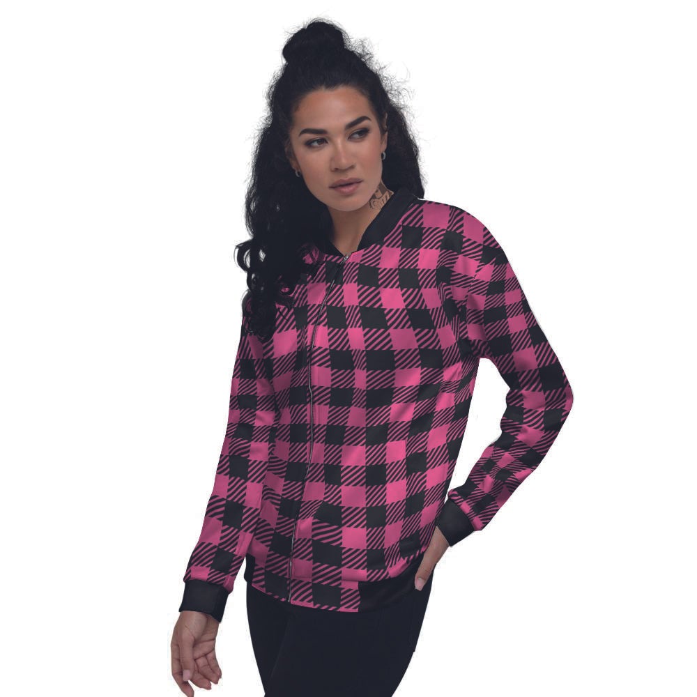 Buffalo Plaid Hot Pink Print Women's Bomber Jacket-grizzshop