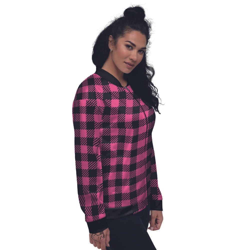 Buffalo Plaid Hot Pink Print Women's Bomber Jacket-grizzshop