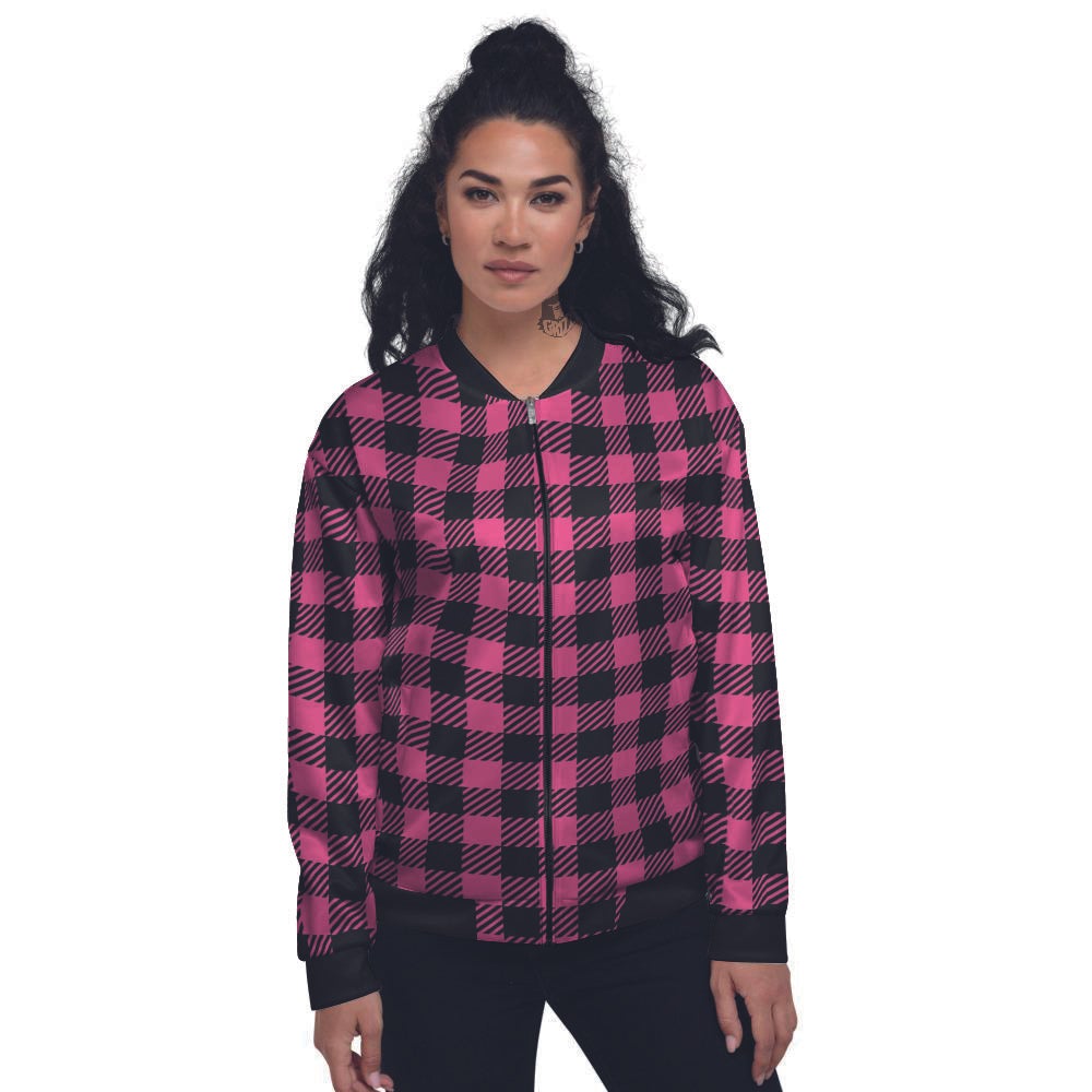 Buffalo Plaid Hot Pink Print Women's Bomber Jacket-grizzshop