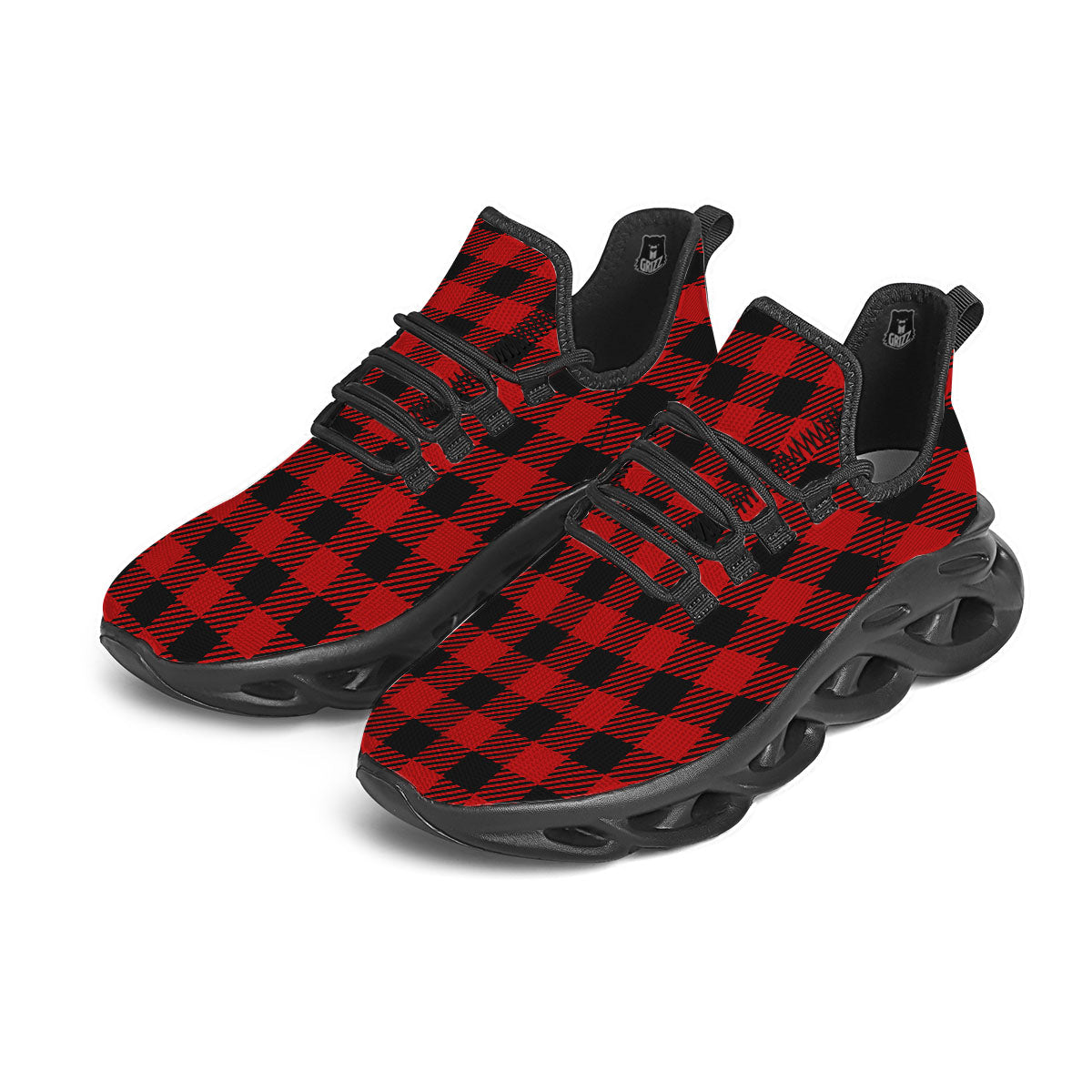 Buffalo Plaid Hot Red Print Black Running Shoes-grizzshop