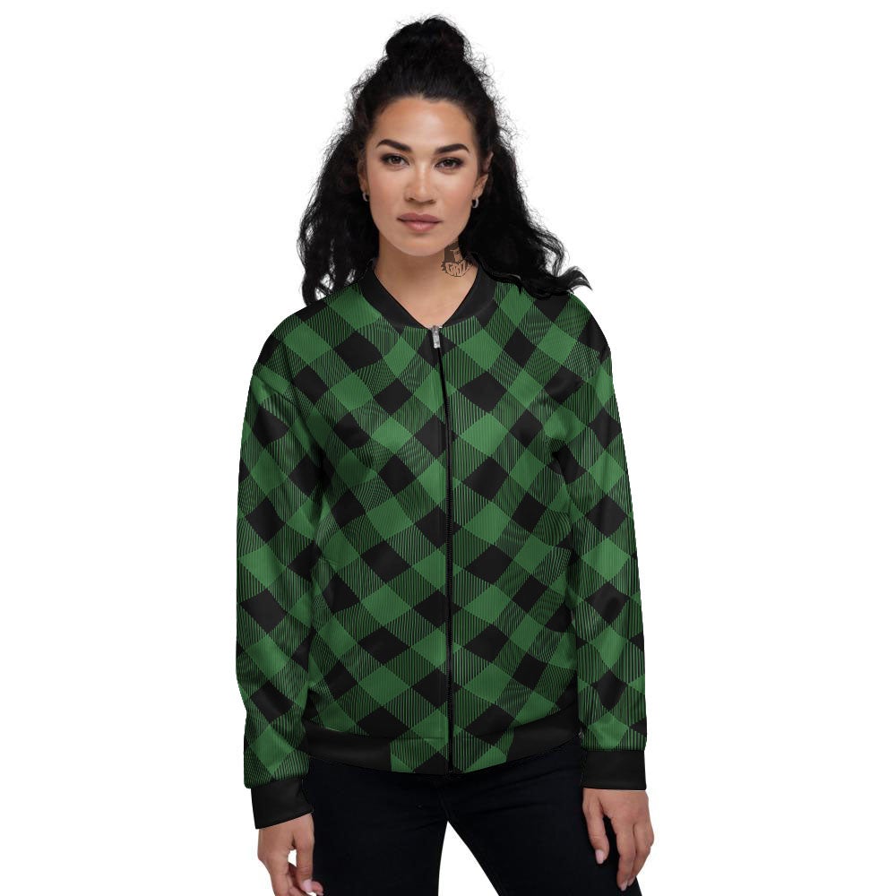 Buffalo Plaid Irish Green Print Women's Bomber Jacket-grizzshop