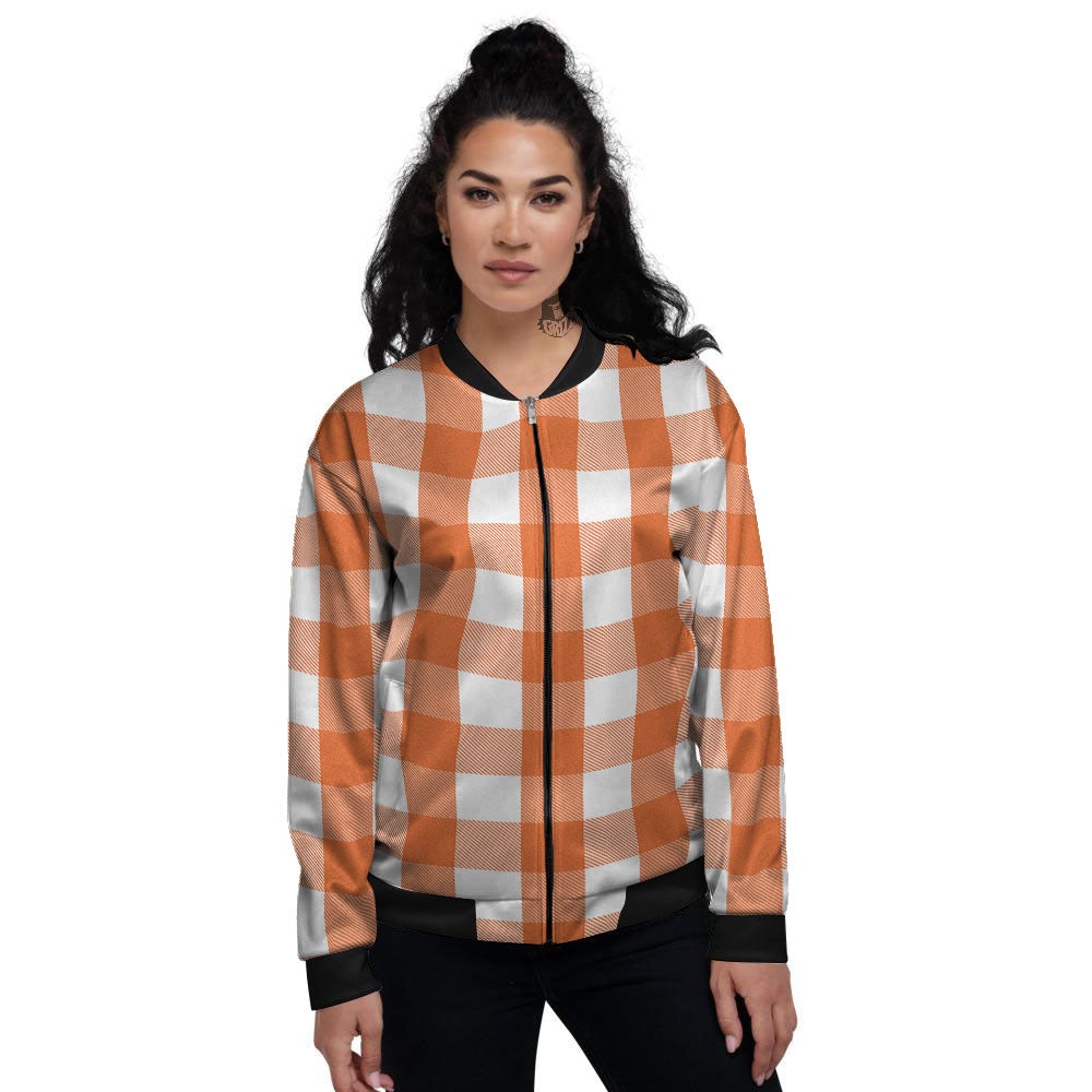 Buffalo Plaid Orange Print Women's Bomber Jacket-grizzshop