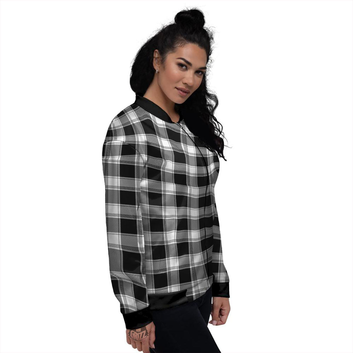 Buffalo Plaid White And Black Print Women's Bomber Jacket-grizzshop