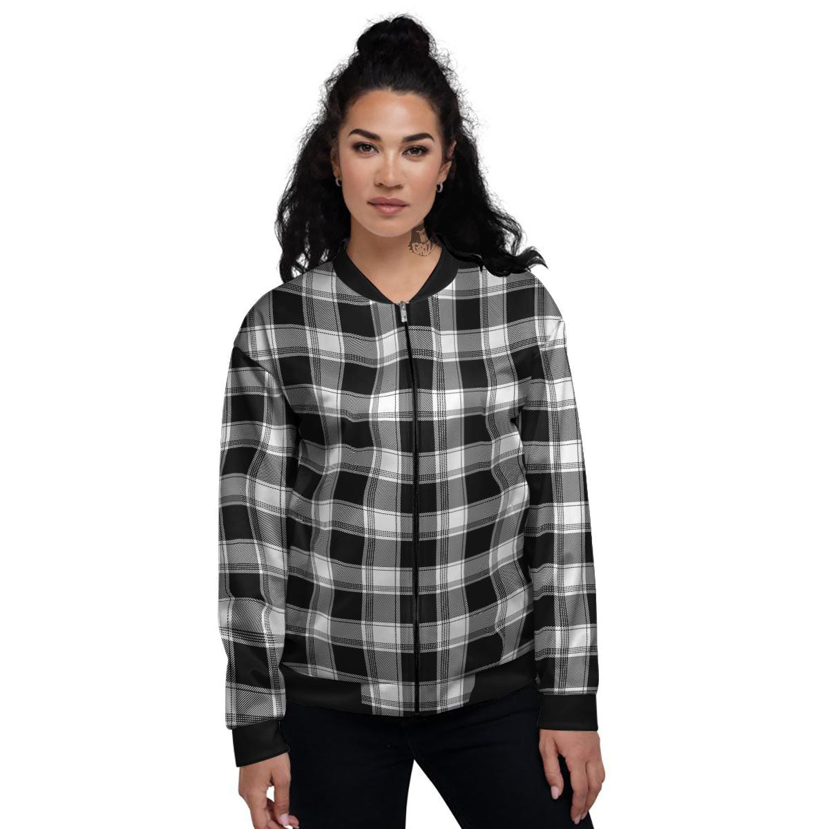 Buffalo Plaid White And Black Print Women's Bomber Jacket-grizzshop