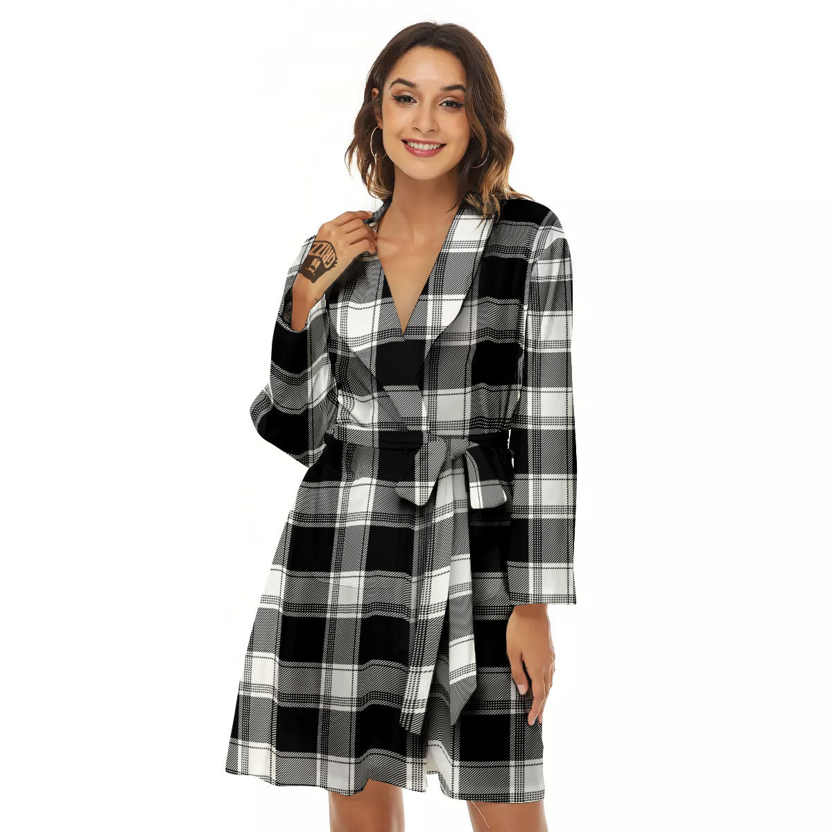 Buffalo Plaid White And Black Print Women's Robe-grizzshop