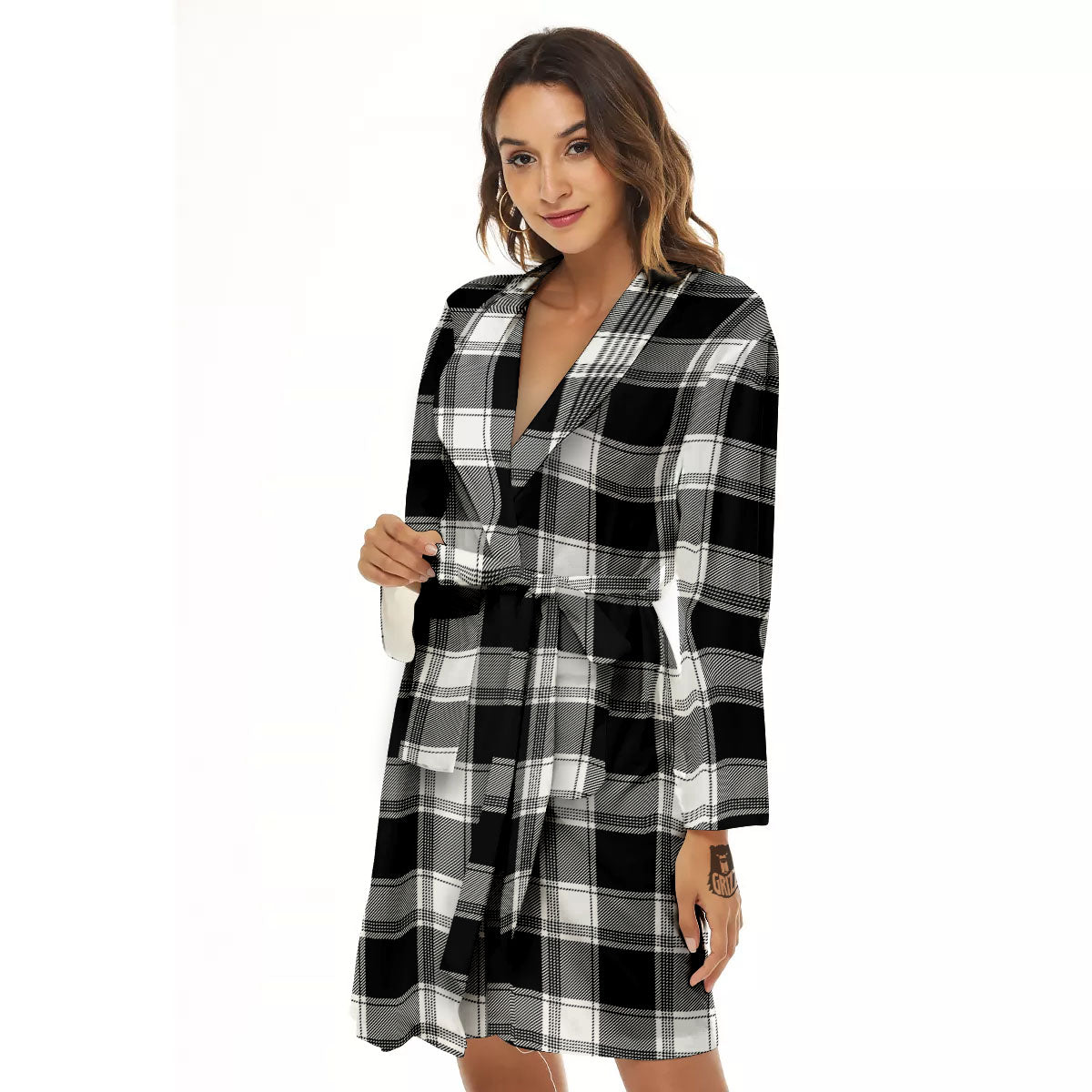 Buffalo Plaid White And Black Print Women's Robe-grizzshop