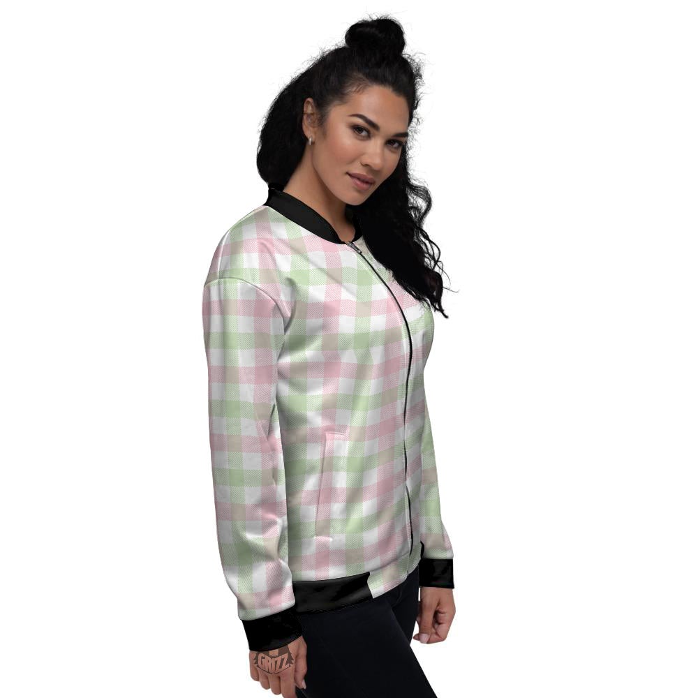 Buffalo Plaid White Pink And Green Print Pattern Women's Bomber Jacket-grizzshop