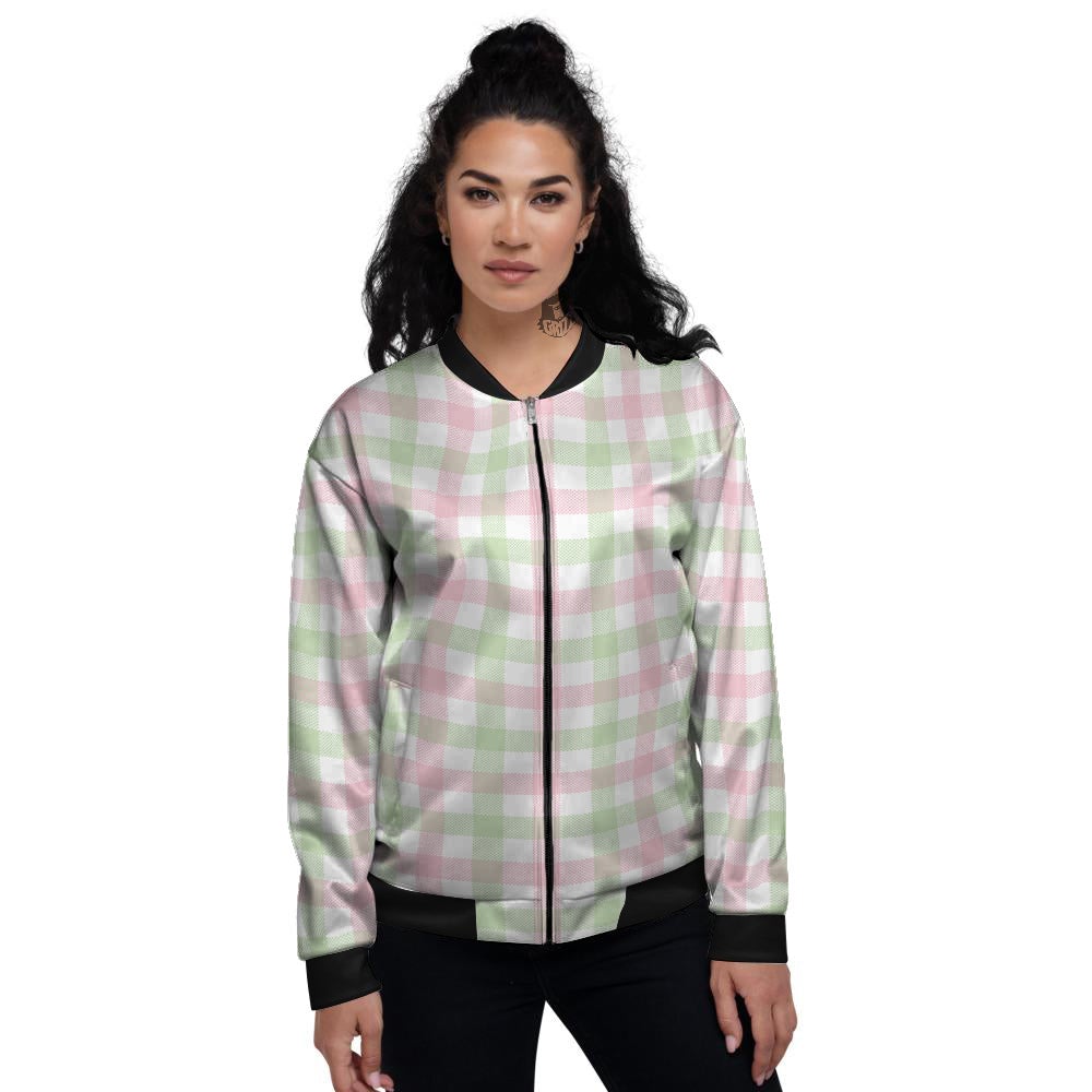 Buffalo Plaid White Pink And Green Print Pattern Women's Bomber Jacket-grizzshop