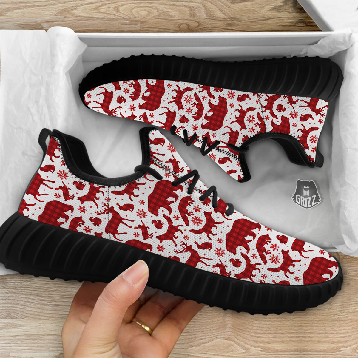 Buffalo Plaid Winter Forest Animal Print Pattern Black Walking Shoes-grizzshop