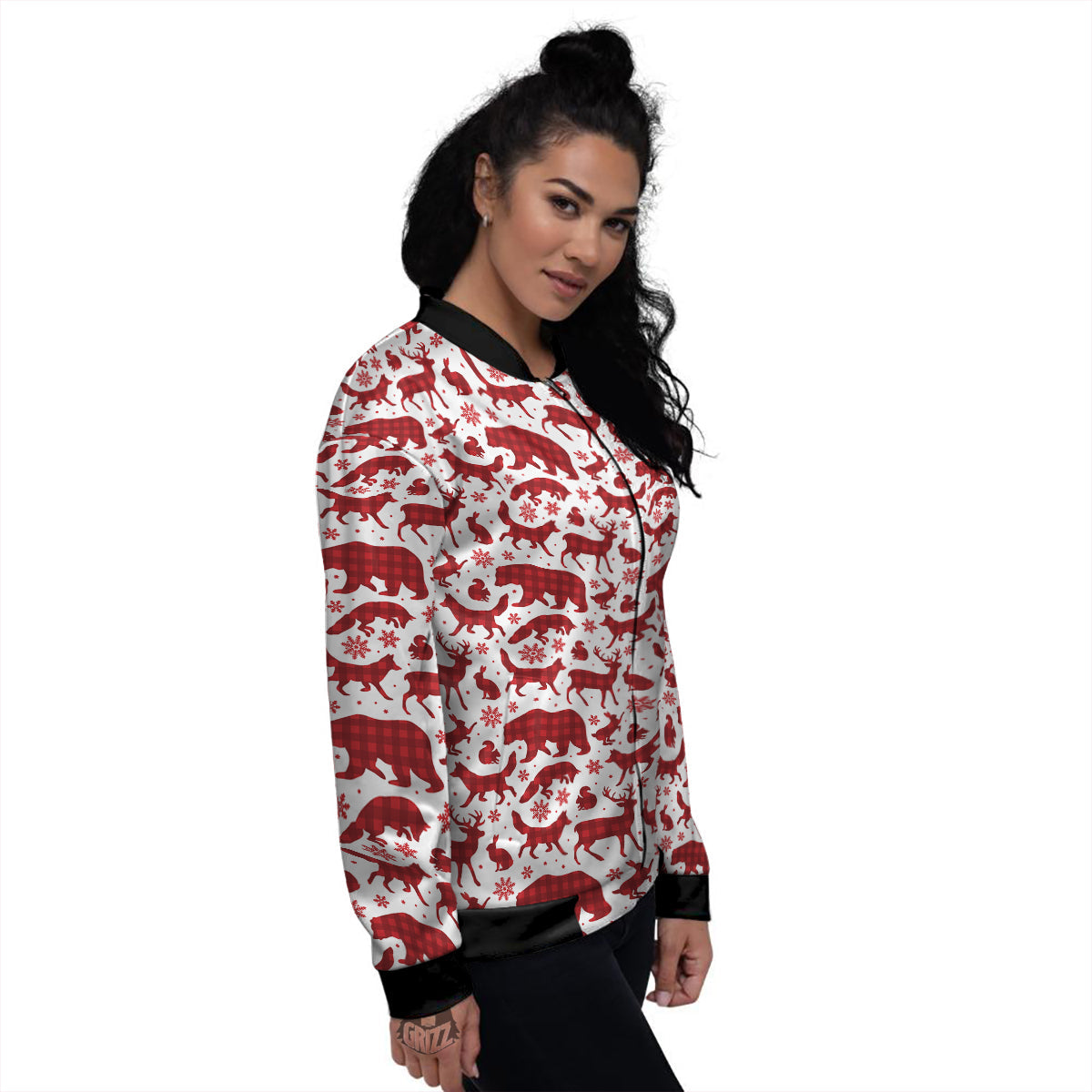 Buffalo Plaid Winter Forest Animal Print Pattern Women's Bomber Jacket-grizzshop