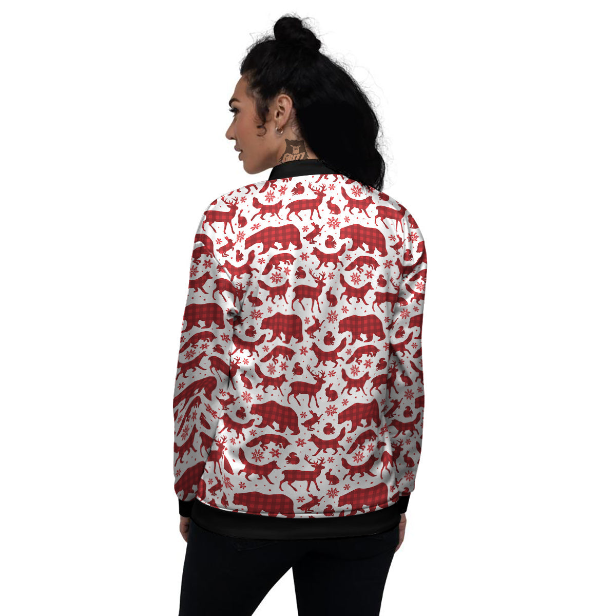 Buffalo Plaid Winter Forest Animal Print Pattern Women's Bomber Jacket-grizzshop