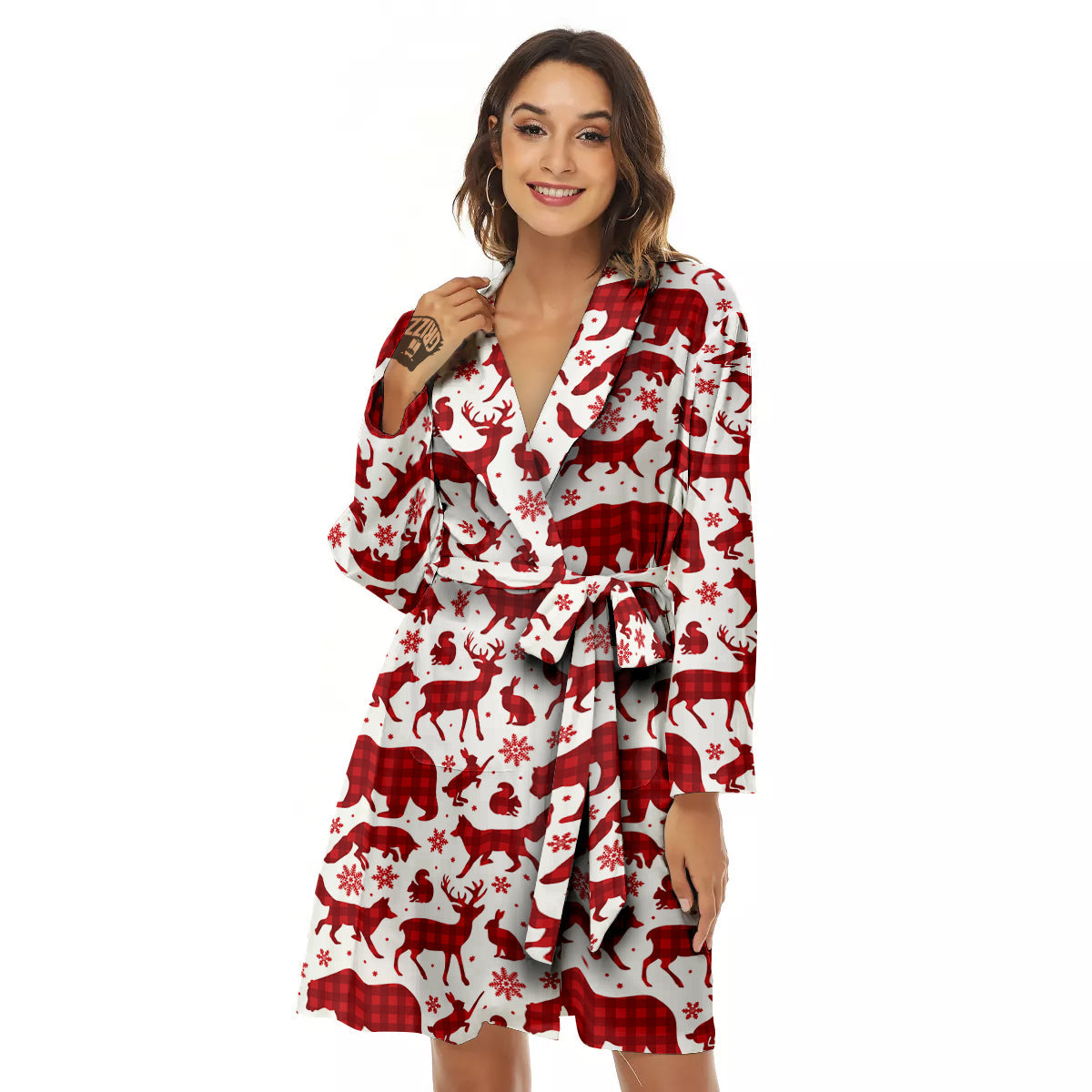 Buffalo Plaid Winter Forest Animal Print Pattern Women's Robe-grizzshop