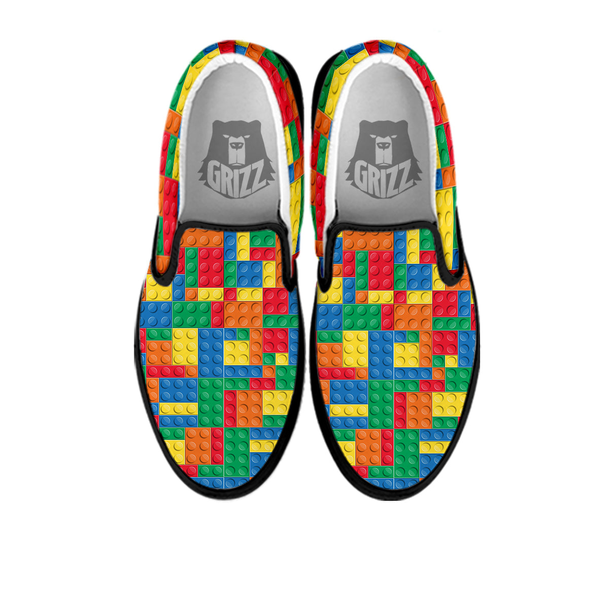 Building Blocks Colorful Plastic Print Black Slip On Shoes-grizzshop