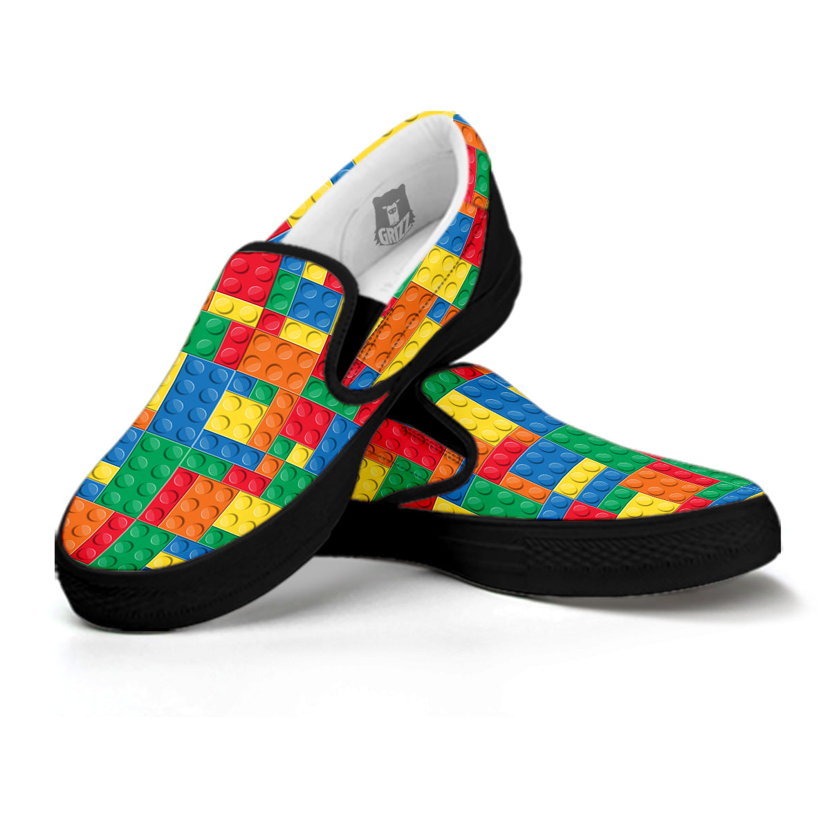 Building Blocks Colorful Plastic Print Black Slip On Shoes-grizzshop