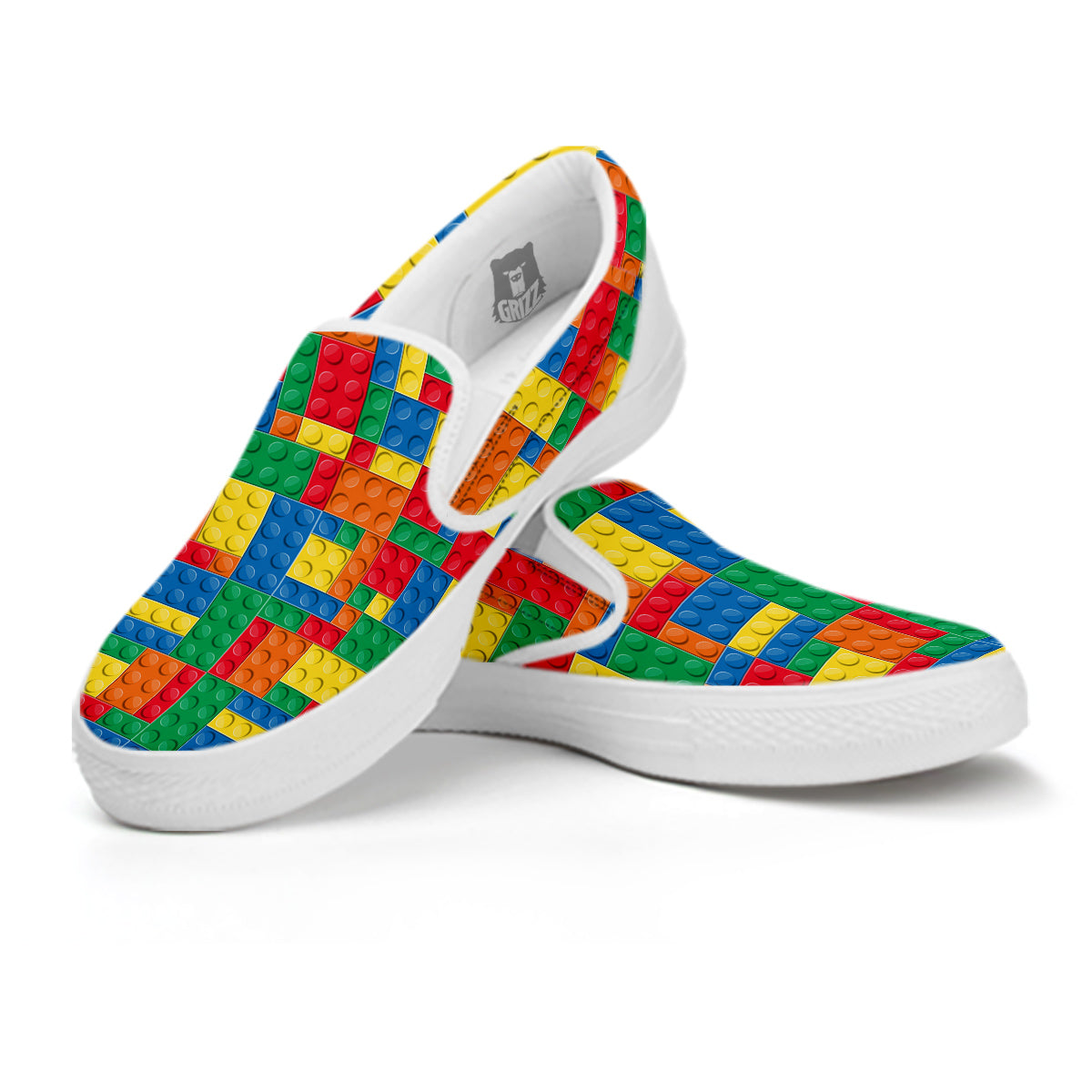 Building Blocks Colorful Plastic Print White Slip On Shoes-grizzshop