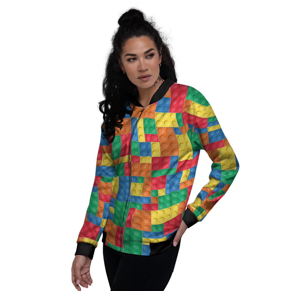 Building Blocks Colorful Plastic Print Women's Bomber Jacket-grizzshop