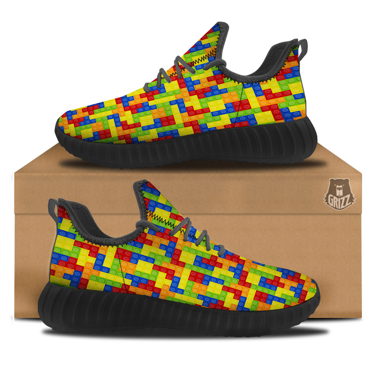 Building Blocks Colorful Print Pattern Black Walking Shoes-grizzshop