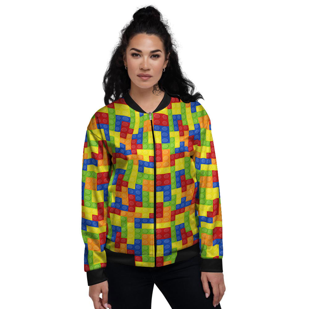 Building Blocks Colorful Print Pattern Women's Bomber Jacket-grizzshop