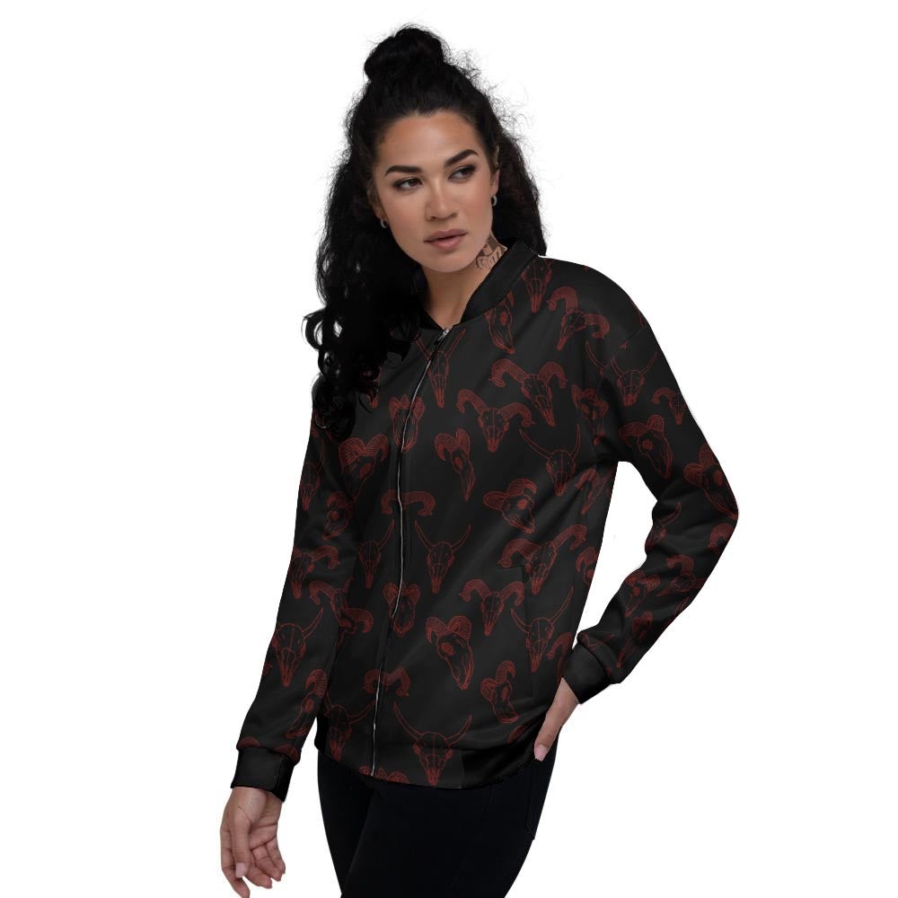 Bull Skull Black And Red Print Pattern Women's Bomber Jacket-grizzshop