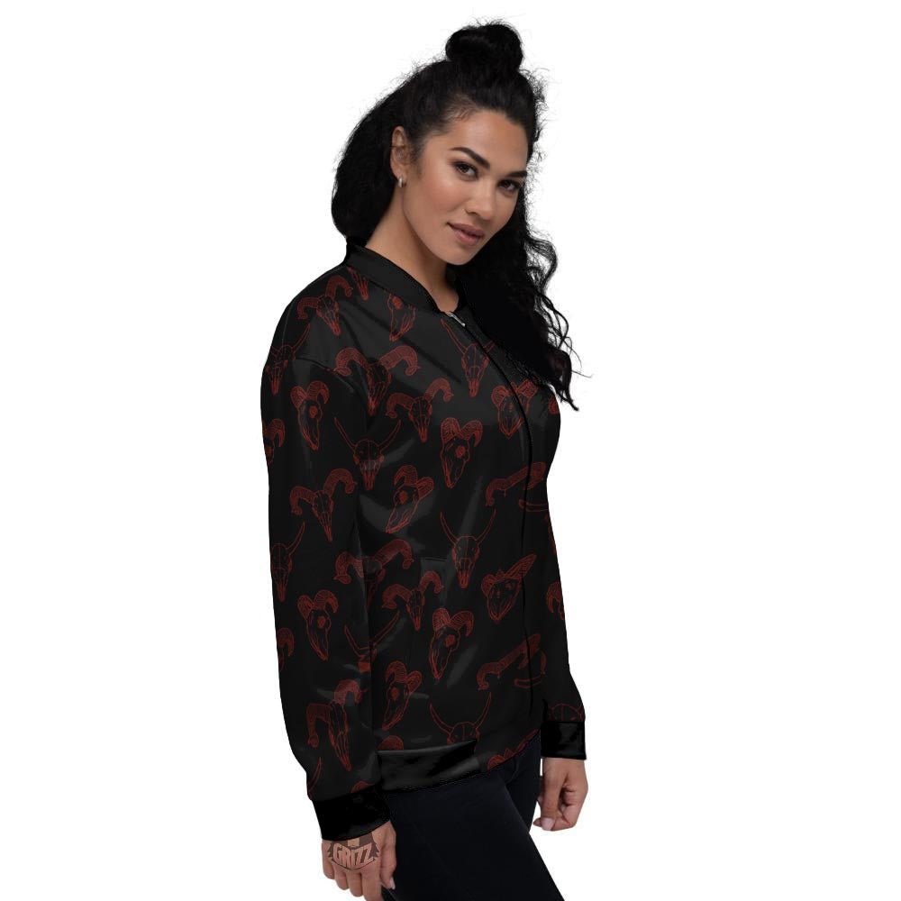 Bull Skull Black And Red Print Pattern Women's Bomber Jacket-grizzshop