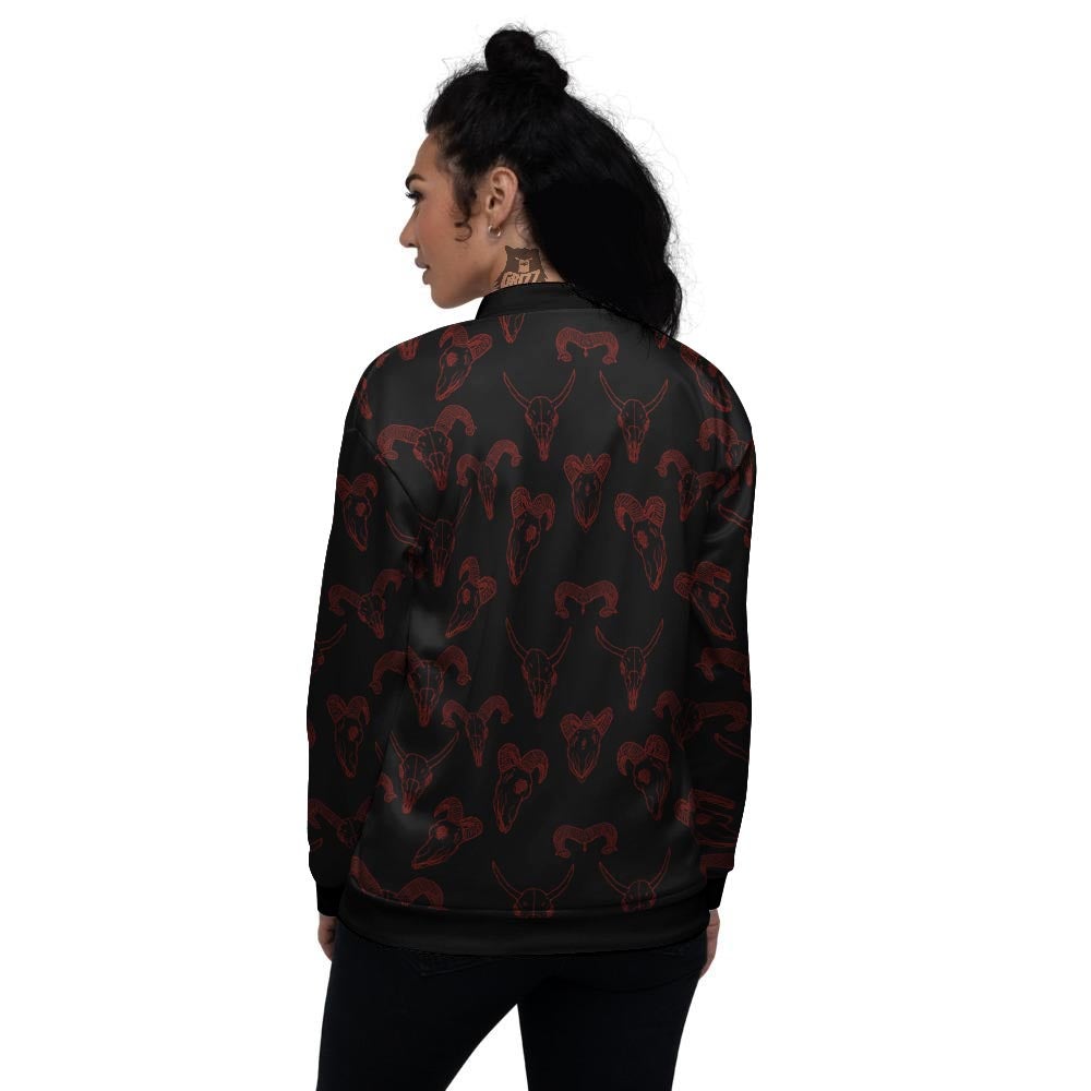 Bull Skull Black And Red Print Pattern Women's Bomber Jacket-grizzshop
